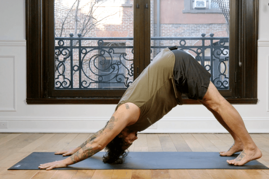 Man in a perfect down dog pose on a yoga mat in front of windows