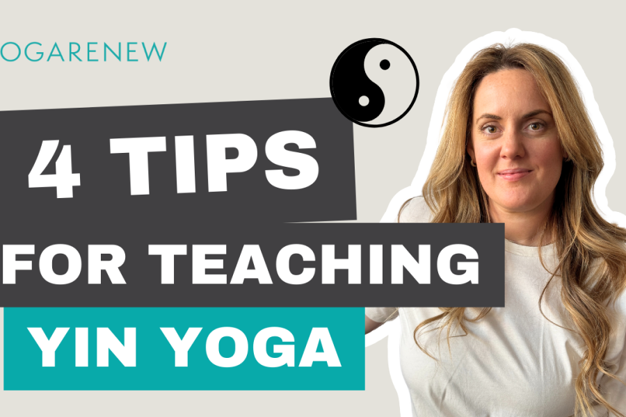 4 Tips for Teaching Yin Yoga graphic with Kate Lombardo's headshot