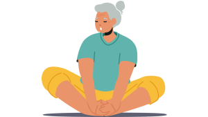 clipart of an older yogi with grey hair, seafoam green shirt and yellow pants in butterfly pose