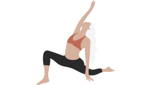 Clipart of a woman with grey hair in a burnt orange sports bra and black yoga pants in lizard pose with an anjaneyasana arm