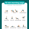 10 minute morning yoga sequence pdf with all the poses: child's, cat/cow, down dog, crescent lunge, warrior 2, extended side angle, half moon, bridge, supine spinal twist, bridge, happy baby and savasana