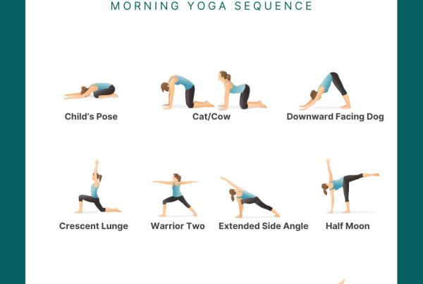 10 minute morning yoga sequence pdf with all the poses: child's, cat/cow, down dog, crescent lunge, warrior 2, extended side angle, half moon, bridge, supine spinal twist, bridge, happy baby and savasana