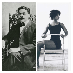 Black History - Arturo Alfonso Schomburg and Deidra in a yoga chair on the right side of the image, twisting on the back of the yoga chair