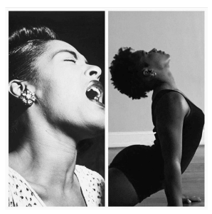 Black History - Billie Holiday singing and photo of Deidra on the right side in Upward Facing Dog