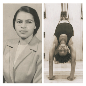 Black History - Rosa Parks and photo of Deidra to the right in Urdhva Dhanurasana (Upward Facing Bow Pose)